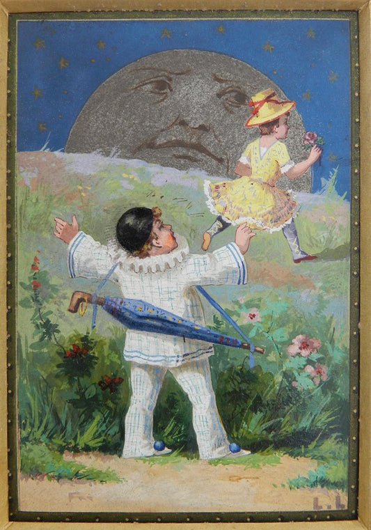 Oil Painting, Pierrot, Colombine and the Moon by Luigi Loir, 1890s