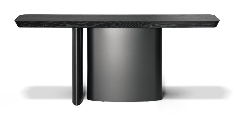 Bonaldo ONE Console — 블랙 오크 상판과 다크 메탈 실린더 베이스