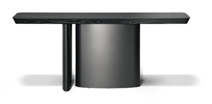 Bonaldo ONE Console — 블랙 오크 상판과 다크 메탈 실린더 베이스