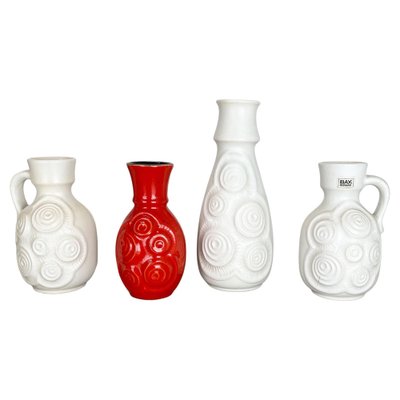 Op Art German Red-White Fat Lava Pottery Vases from Bay Ceramics, Set of 4-QZ-1161699