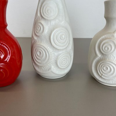 Op Art German Red-White Fat Lava Pottery Vases from Bay Ceramics, Set of 4