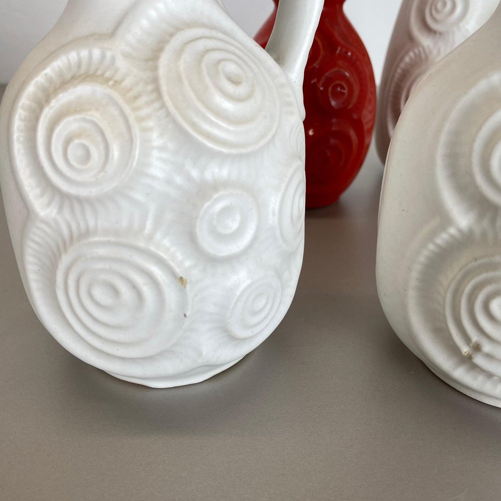 Op Art German Red-White Fat Lava Pottery Vases from Bay Ceramics, Set of 4