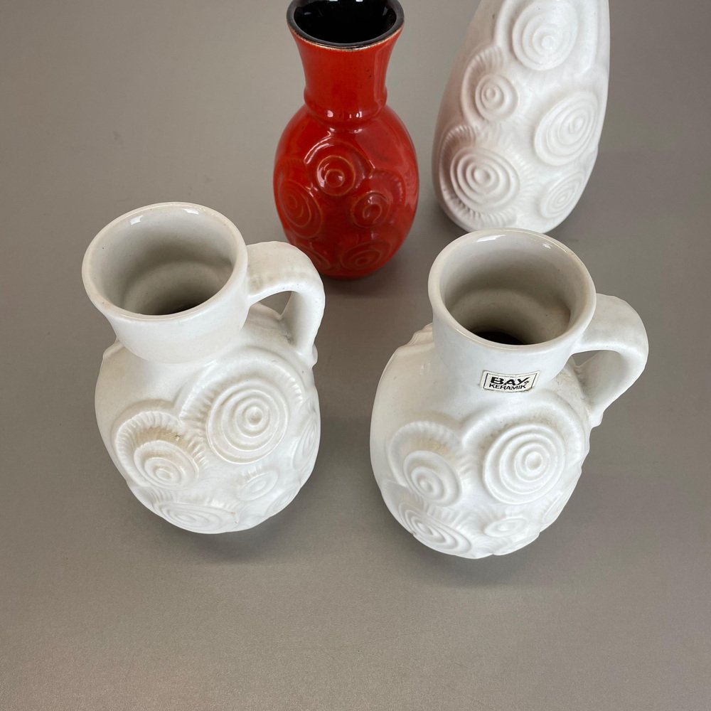 Op Art German Red-White Fat Lava Pottery Vases from Bay Ceramics, Set of 4