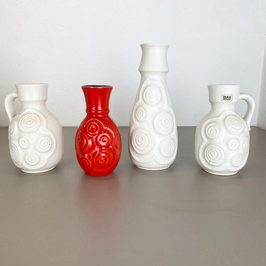 Op Art German Red-White Fat Lava Pottery Vases from Bay Ceramics, Set of 4