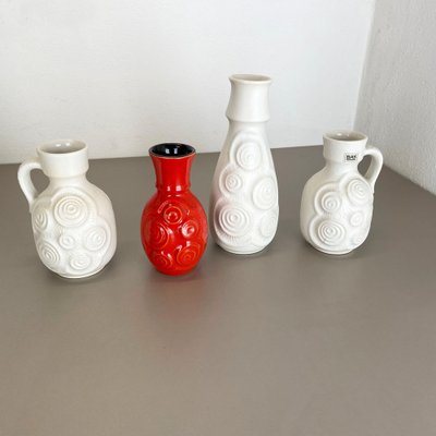 Op Art German Red-White Fat Lava Pottery Vases from Bay Ceramics, Set of 4-QZ-1161699