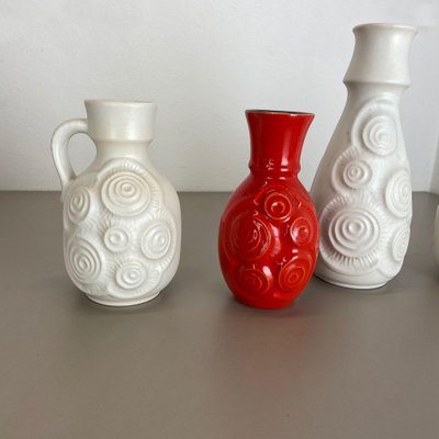 Op Art German Red-White Fat Lava Pottery Vases from Bay Ceramics, Set of 4