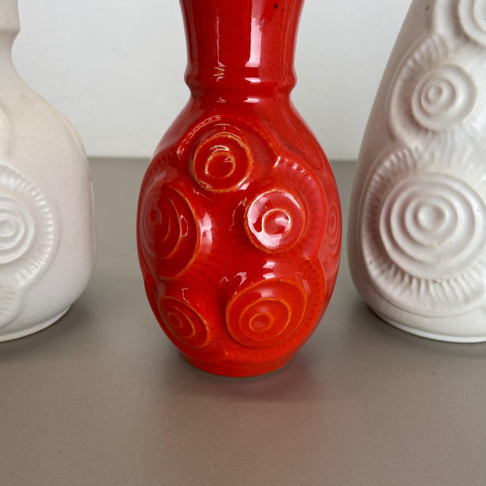 Op Art German Red-White Fat Lava Pottery Vases from Bay Ceramics, Set of 4