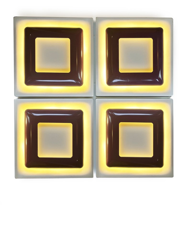 Op Art Square Wall Sconces in White and Purple Metal from Doria Leuchten, Germany, 1970s, Set of 4