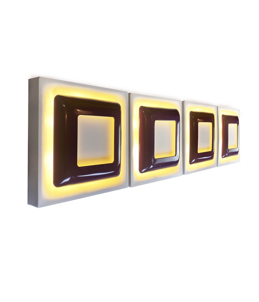 Op Art Square Wall Sconces in White and Purple Metal from Doria Leuchten, Germany, 1970s, Set of 4