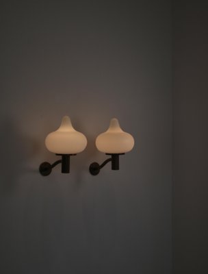 Opal Glass & Brass Wall Lamps by Hammer & Moldenhawerfor Louis Poulsen, Denmark, 1950, Set of 2-WRF-1334472