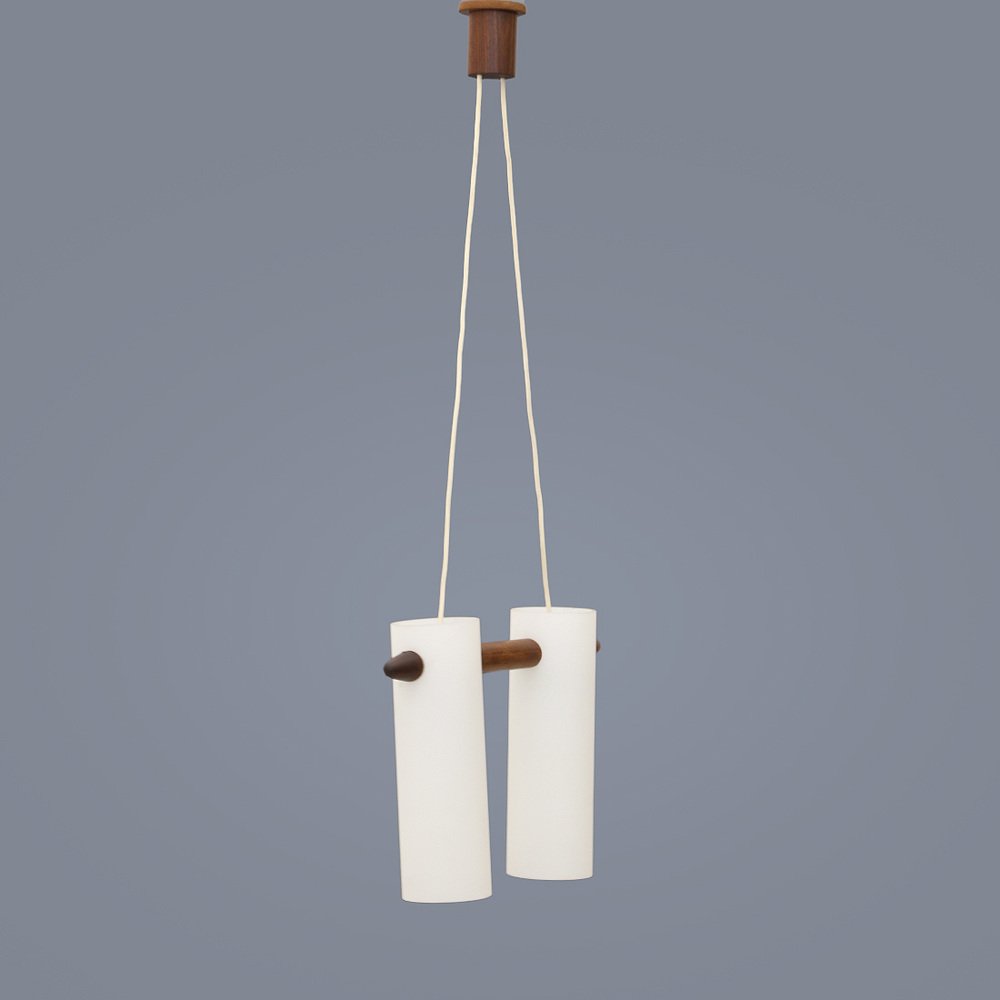 Opaline Glass and Teak Chandelier by Uno & Östen Kristiansson for Luxus, 1960s