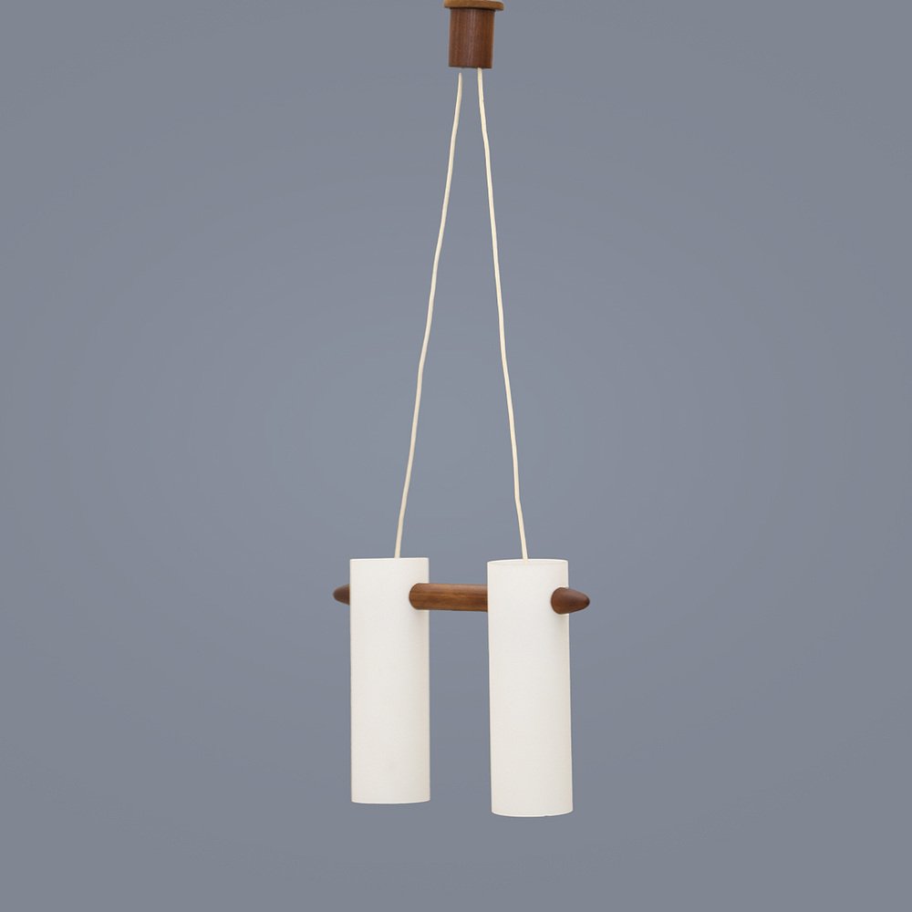 Opaline Glass and Teak Chandelier by Uno & Östen Kristiansson for Luxus, 1960s