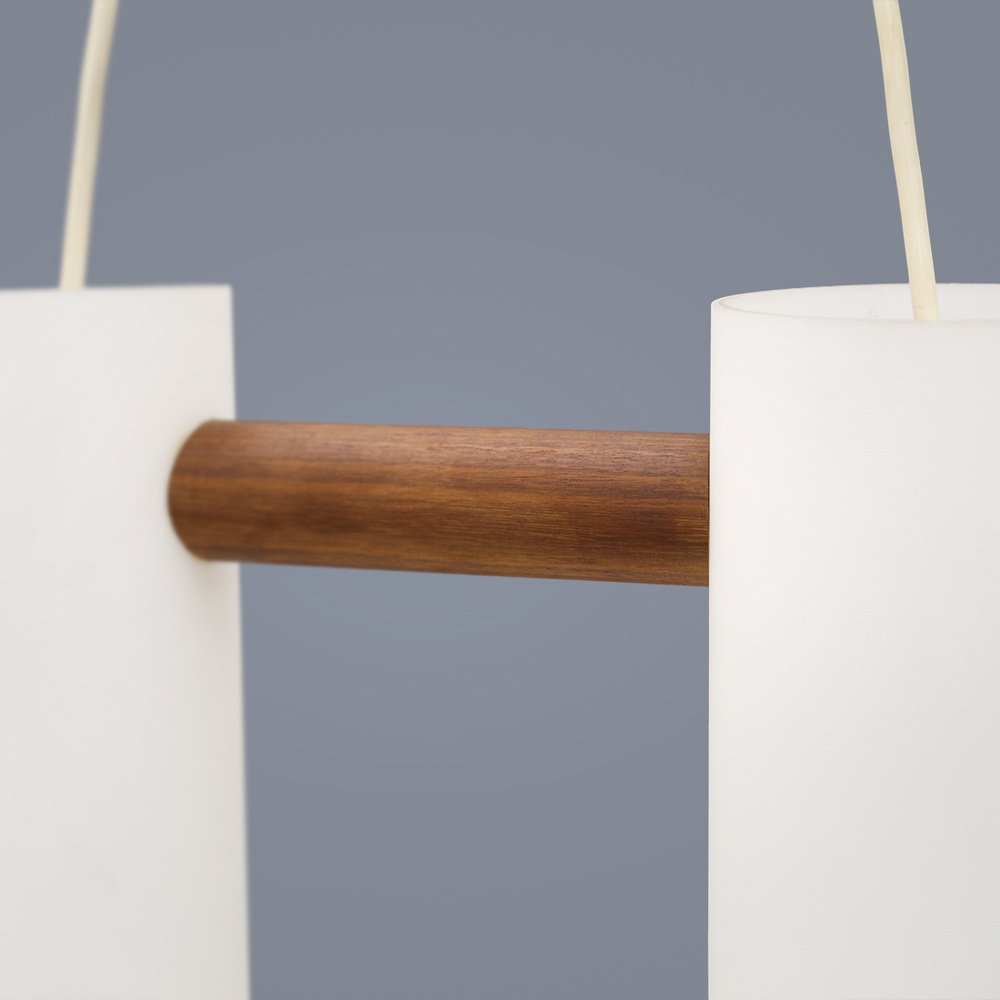 Opaline Glass and Teak Chandelier by Uno & Östen Kristiansson for Luxus, 1960s