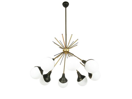 Opaline Glass, Brass & Painted Metal 8-Light Pendant Lamp from Stilnovo, 1950s-RD-1764424