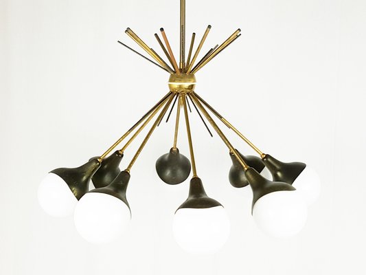 Opaline Glass, Brass & Painted Metal 8-Light Pendant Lamp from Stilnovo, 1950s-RD-1764424