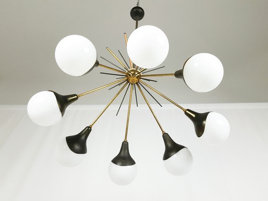 Opaline Glass, Brass & Painted Metal 8-Light Pendant Lamp from Stilnovo, 1950s-RD-1764424