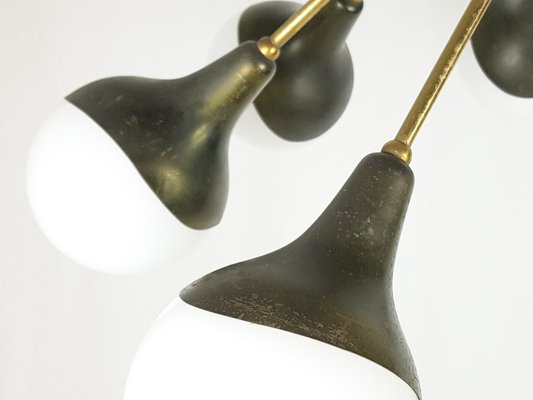 Opaline Glass, Brass & Painted Metal 8-Light Pendant Lamp from Stilnovo, 1950s-RD-1764424