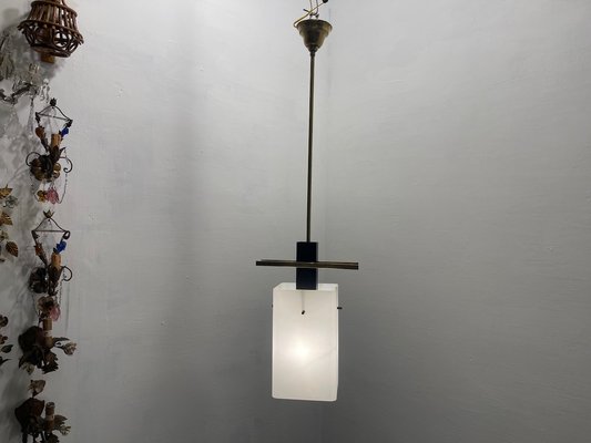 Opaline Glass & Brass Pendant Light, 1950s-JJC-1765095