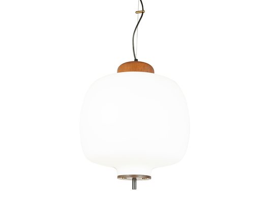 Opaline Glass Brass & Teak Pendant Lamp in the style of Arredoluce, 1950s-RD-1779641