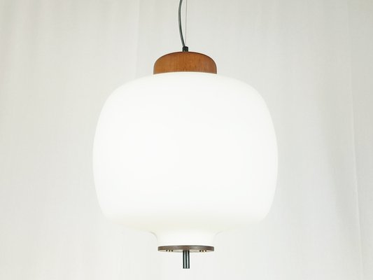 Opaline Glass Brass & Teak Pendant Lamp in the style of Arredoluce, 1950s-RD-1779641