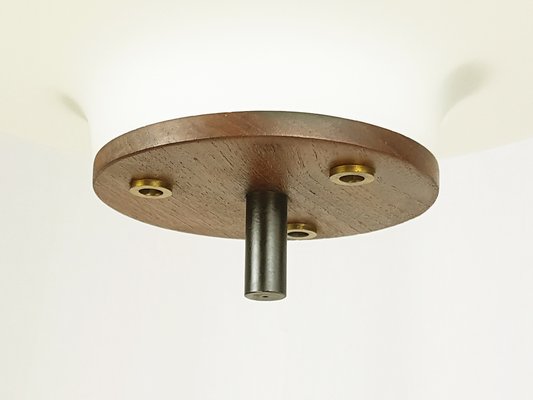 Opaline Glass Brass & Teak Pendant Lamp in the style of Arredoluce, 1950s-RD-1779641