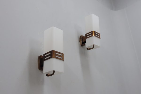 Opaline Glass & Brass Wall Sconces from Stilnovo, Italy, 1960s, Set of 2-ZQ-2032311