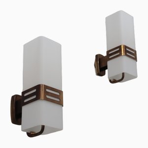 Opaline Glass & Brass Wall Sconces from Stilnovo, Italy, 1960s, Set of 2-ZQ-2032311