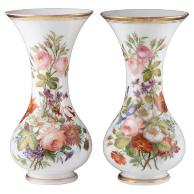 Opaline Vases Painted with Floral Motifs, 19th Century, Set of 2-WFS-1769337