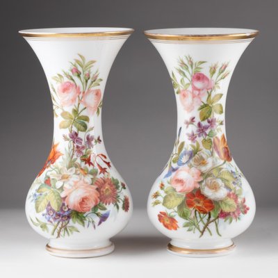 Opaline Vases Painted with Floral Motifs, 19th Century, Set of 2-WFS-1769337