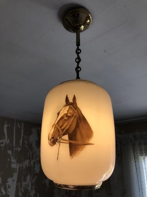 Opaline White Ceiling Lamp with Horse, 1950s-SDV-673955