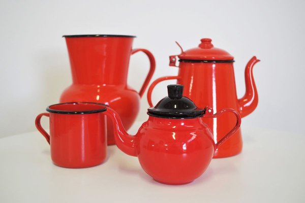 Orange and Black Enamelled Metal Jug & Teapot Set, 1950s, Set of 4-KNM-899683