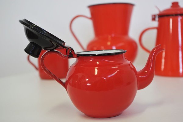 Orange and Black Enamelled Metal Jug & Teapot Set, 1950s, Set of 4-KNM-899683