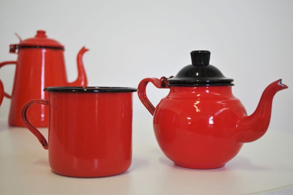 Orange and Black Enamelled Metal Jug & Teapot Set, 1950s, Set of 4-KNM-899683