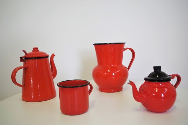 Orange and Black Enamelled Metal Jug & Teapot Set, 1950s, Set of 4-KNM-899683