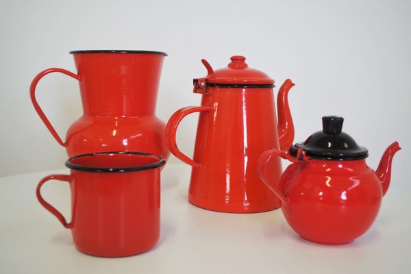 Orange and Black Enamelled Metal Jug & Teapot Set, 1950s, Set of 4-KNM-899683