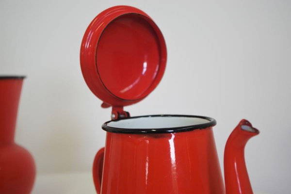 Orange and Black Enamelled Metal Jug & Teapot Set, 1950s, Set of 4-KNM-899683