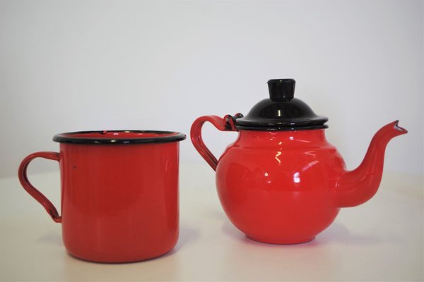 Orange and Black Enamelled Metal Jug & Teapot Set, 1950s, Set of 4-KNM-899683