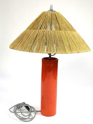 Orange Ceramic, Cane & Chrome Table Lamp, 1970s-UWE-973170