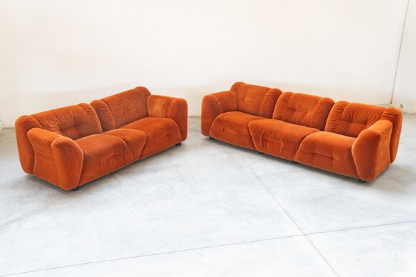 Orange Cinille Sofas, 1970s, Set of 2-KNM-1796066