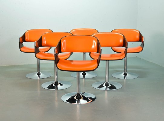 Orange Dining Chairs on Chrome Pedestal attributed to Rudi Verelst for Novalux, 1960s, Set of 6-IXC-1384085