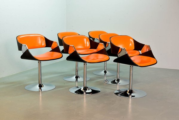 Orange Dining Chairs on Chrome Pedestal attributed to Rudi Verelst for Novalux, 1960s, Set of 6-IXC-1384085