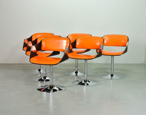 Orange Dining Chairs on Chrome Pedestal attributed to Rudi Verelst for Novalux, 1960s, Set of 6-IXC-1384085