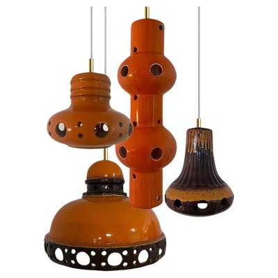 Orange Glazed Ceramic Pendant Lights, Germany, 1970s, Set of 4-VDW-1784693