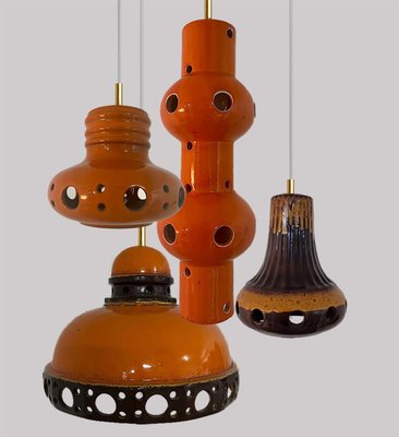 Orange Glazed Ceramic Pendant Lights, Germany, 1970s, Set of 4-VDW-1784693