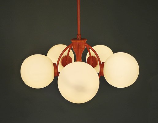 Orange Space Age Sputnik Ceiling Lamp with 5 Opal Glass Balls, Germany, 1960s-JV-2034881