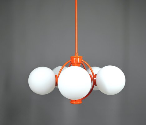 Orange Space Age Sputnik Ceiling Lamp with 5 Opal Glass Balls, Germany, 1960s-JV-2034881