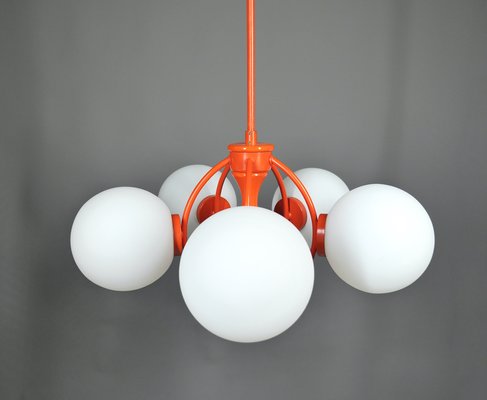 Orange Space Age Sputnik Ceiling Lamp with 5 Opal Glass Balls, Germany, 1960s-JV-2034881