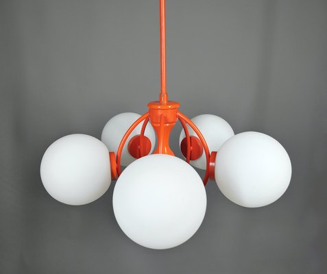 Orange Space Age Sputnik Ceiling Lamp with 5 Opal Glass Balls, Germany, 1960s-JV-2034881