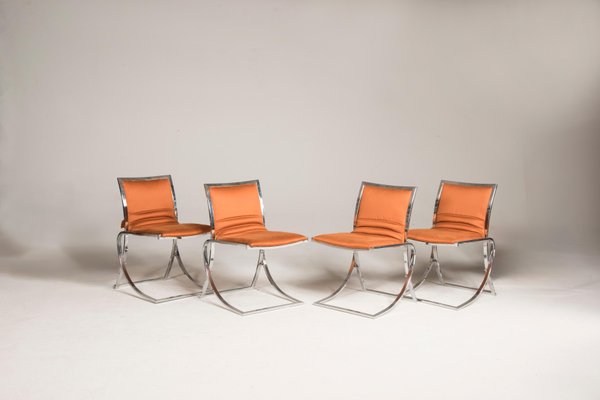 Orange Upholstery Chromed Steel Chairs, 1970s, Set of 4-XDW-1728500