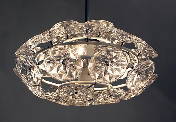 Orbit Chandelier in Glass with White Frame from VEB Lighting Hellerau, Germany, 1960-DEK-1118204